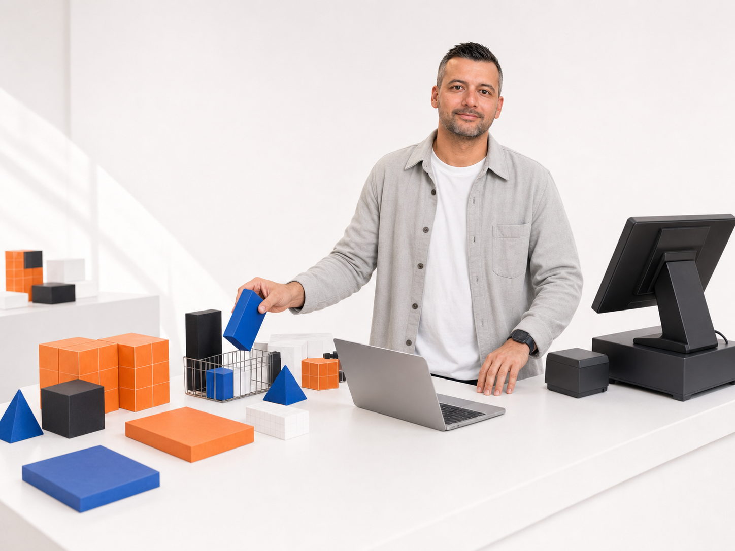 Jalil behind a white checkout counter with a register, laptop, and abstract software blocks