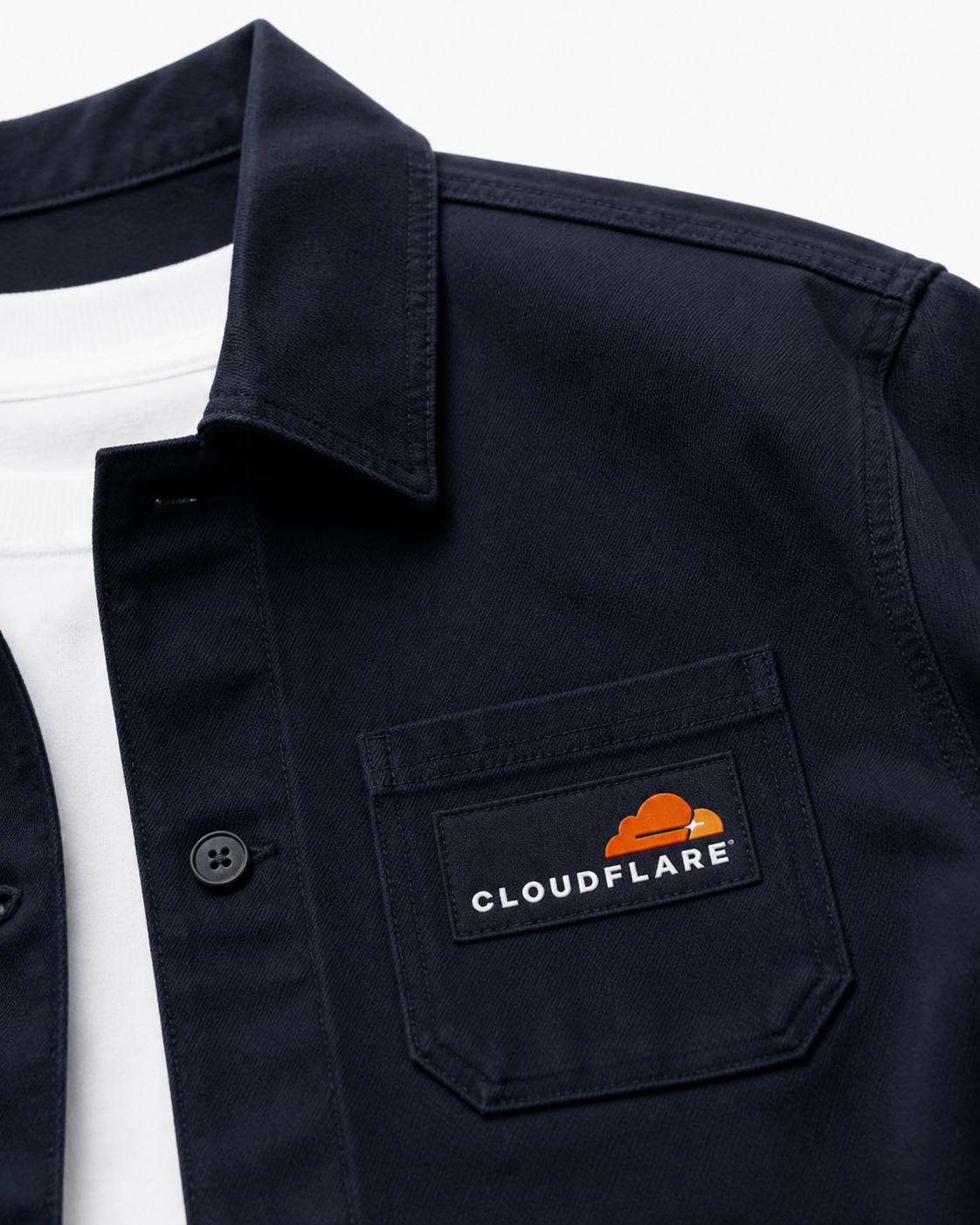 Close-up of a navy jacket chest pocket with a Cloudflare logo patch and white shirt underneath