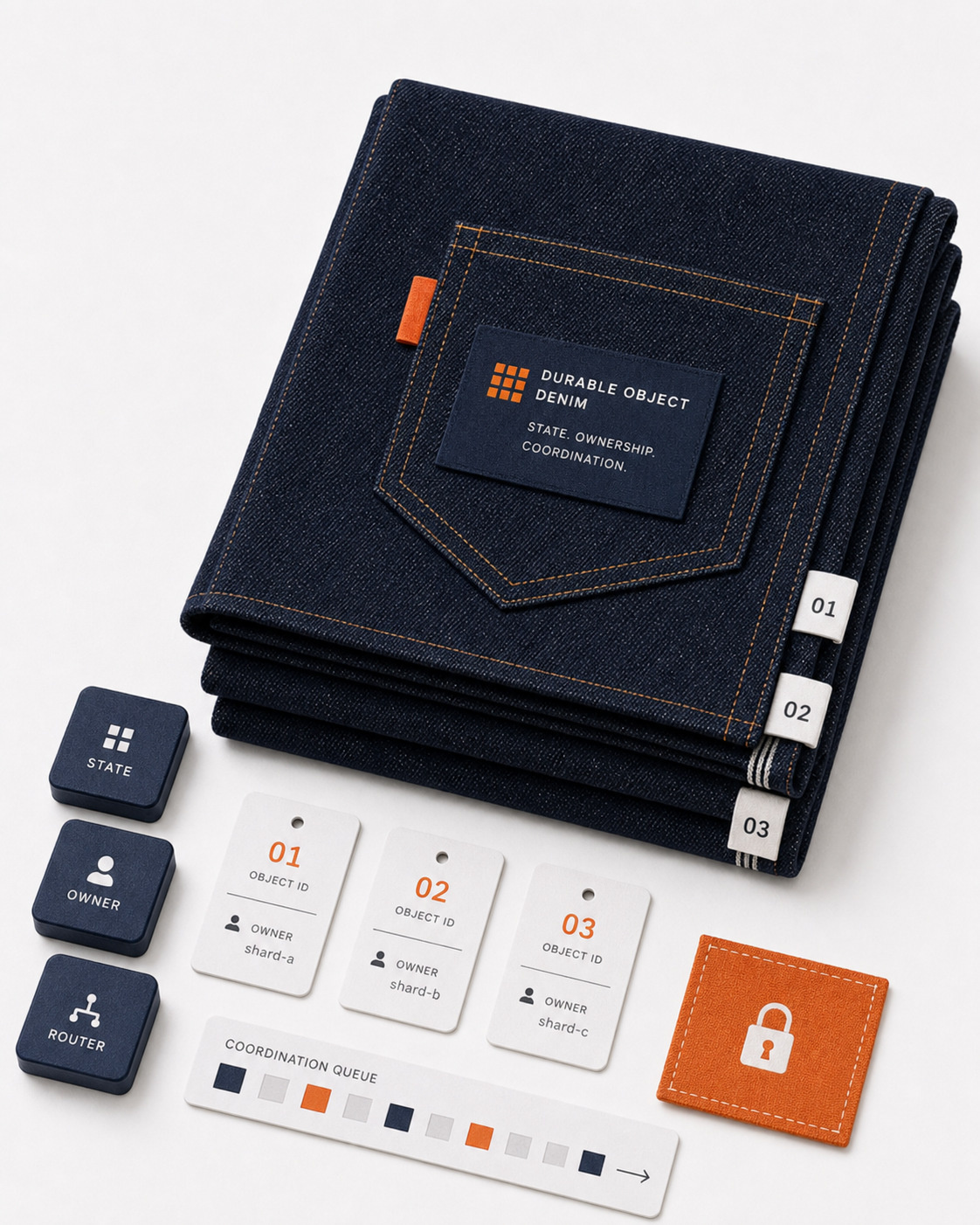 Folded indigo denim stack with object tags and state coordination tokens.