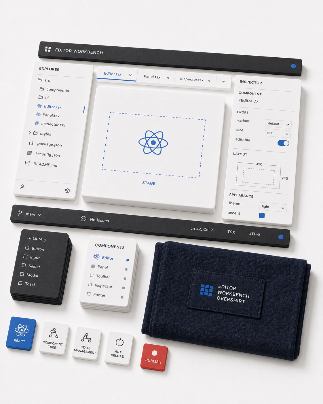 Miniature editor workbench kit with acrylic panels, file tabs, inspector cards, footer strip, and folded fabric.