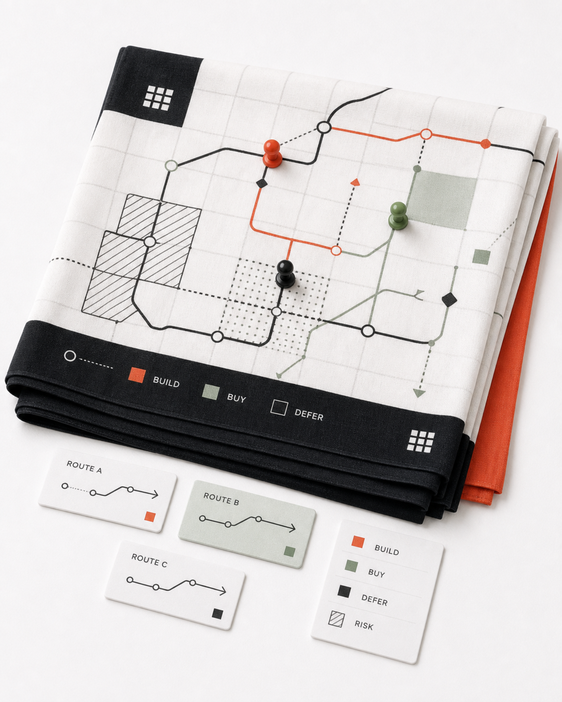 Folded market map scarf with abstract route lines, strategy pins, and build-buy-defer blocks.