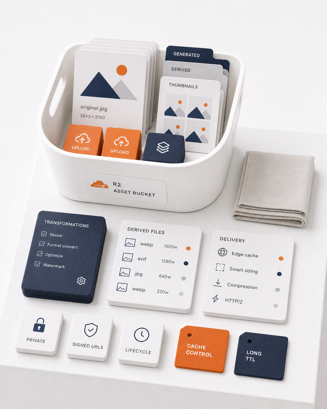 White asset bucket kit with image cards, orange storage cubes, navy file blocks, and delivery tags.