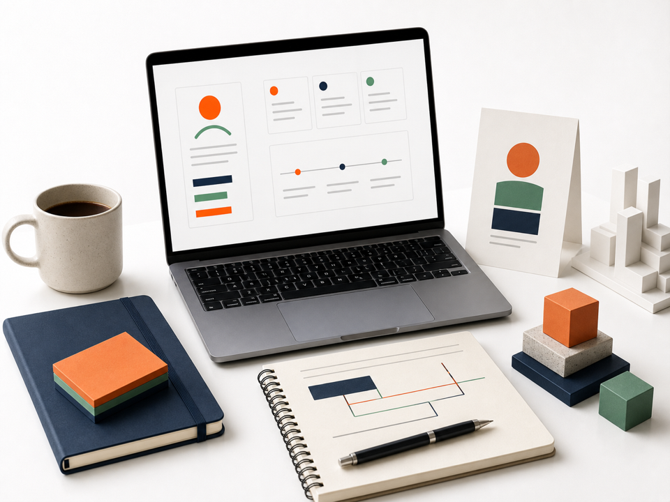 Transparent profile block with editorial page, colored software bars, cubes, and a white plinth surface