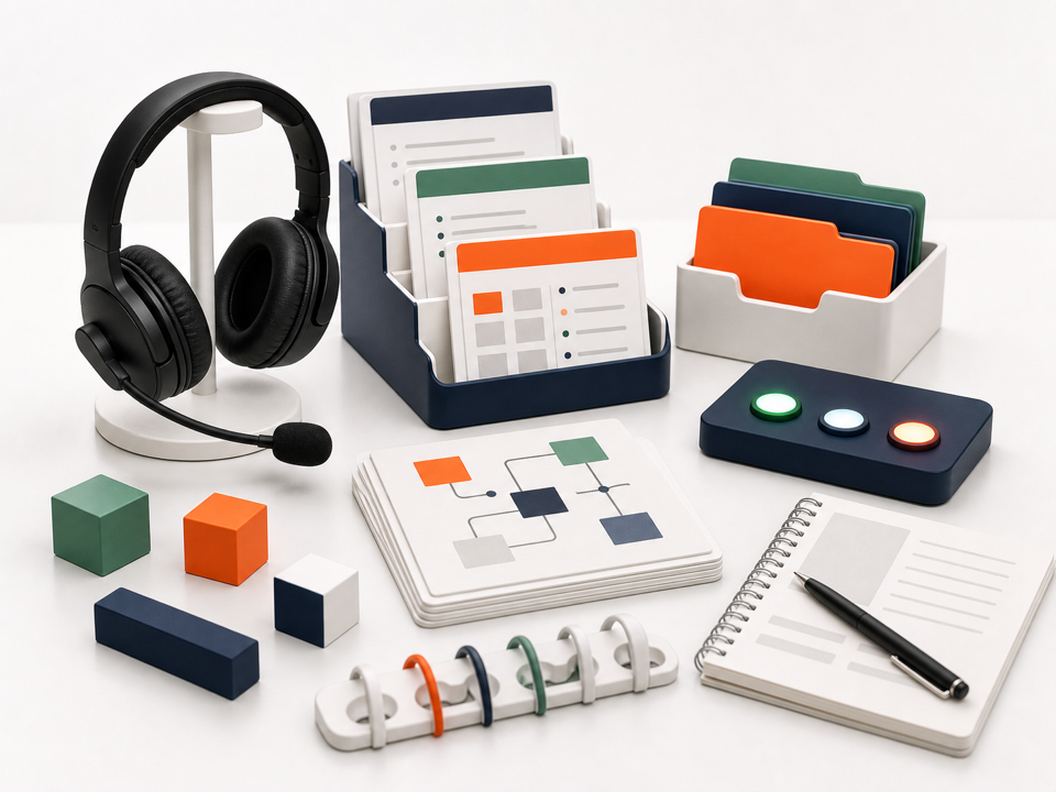 Transparent agent tool block with tool cards, virtual filesystem panel, live voice block, cubes, and a white plinth surface