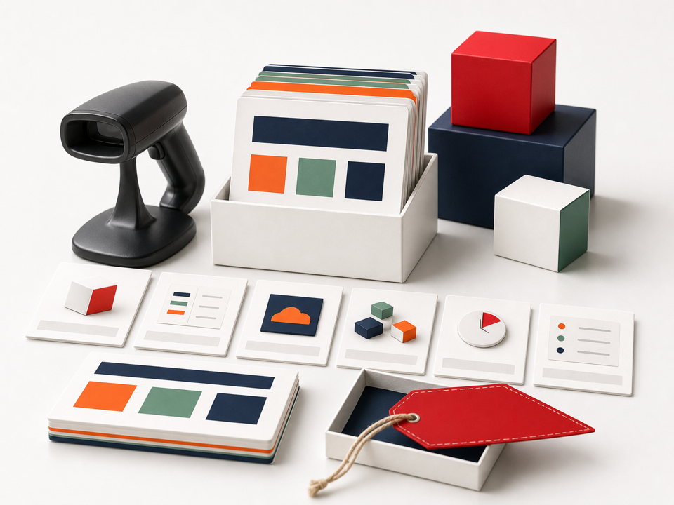 Transparent catalog block with product cards, cubes, and a white plinth surface