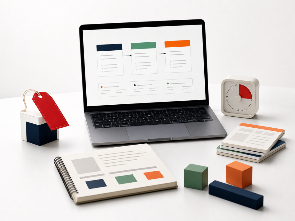 Transparent two-hour strategy time block with calendar card, clock, cubes, and a white plinth surface